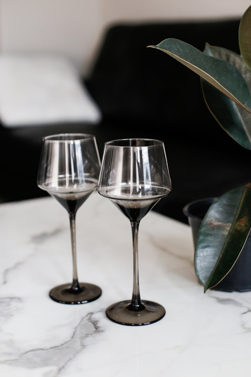 2 Smoke Tinted Patterned Wine Glasses 