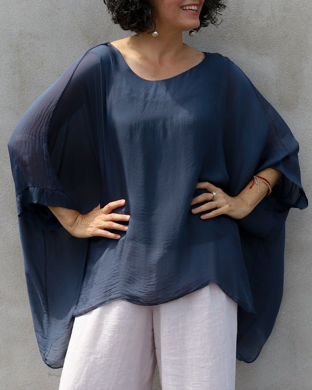 Round Neck Silk Top with Butterfly Sleeves | by Karamel